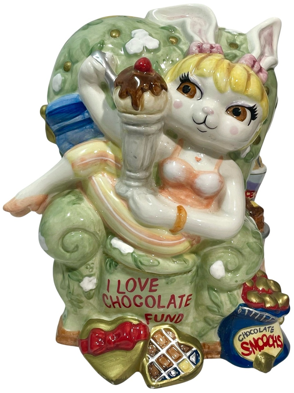 Vintage 1990s Fritz & Floyd Ceramic Piggy Bank "I love Chocolate, Fund" Bunny
